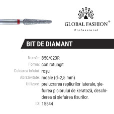 Diamond cuticle bit, rounded cone, red notch 850/023R