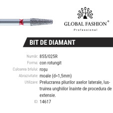 Bit diamant cuticule Conic rotunjit 855/023R Rosu