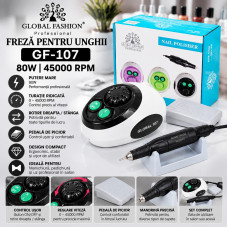 Freza electrica, Pila electrica manichiura, GF-107, Global Fashion, 80W, 45000 rpm, culoare albastra