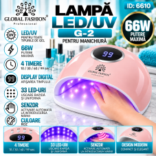 Lampa LED/UV G-2 pentru manichiura, Global Fashion, 66W, display, uscare 10s-99s, culoare roz