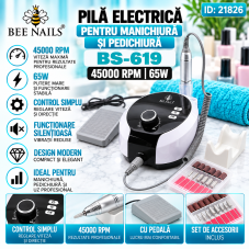 Pilă electrică pentru manichiură și pedichiură BS - 619 Bee Nails, 45000 rotații 65w, alb