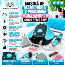 Mașină de manichiură și pedichiură 45000 rpm, 65W Global Fashion 720, turcoaz