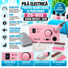 Pilă electrică pentru manichiură și pedichiură 45000 rotații 65W, ZS-602, culoare roz