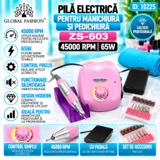 Pilă electrică pentru manichiură și pedichiură 45000 rotații 65W, ZS-603, culoare roz