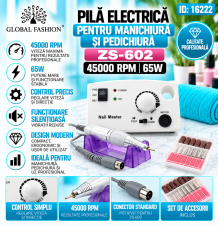 Pilă electrică pentru manichiură și pedichiură 45000 rotații 65W, ZS-602, culoare alb