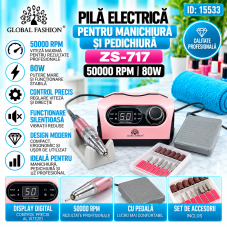 Pila electrica pentru manichiură și pedichiură Global Fashion 50000rpm, 80W, ZS-717- Roz