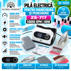 Pilă electrică pentru manichiură și pedichiură Global Fashion 50000 rpm 80W, ZS-717- Alb